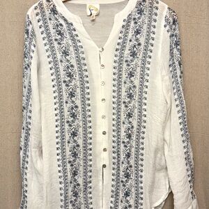 fig and flower White Blouse with Blue Floral Stripe